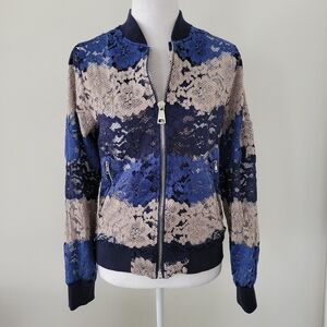 Wet Seal Womens Lacey Bomber Jacket SMALL Floral Color Block Full Zip Lined Blue